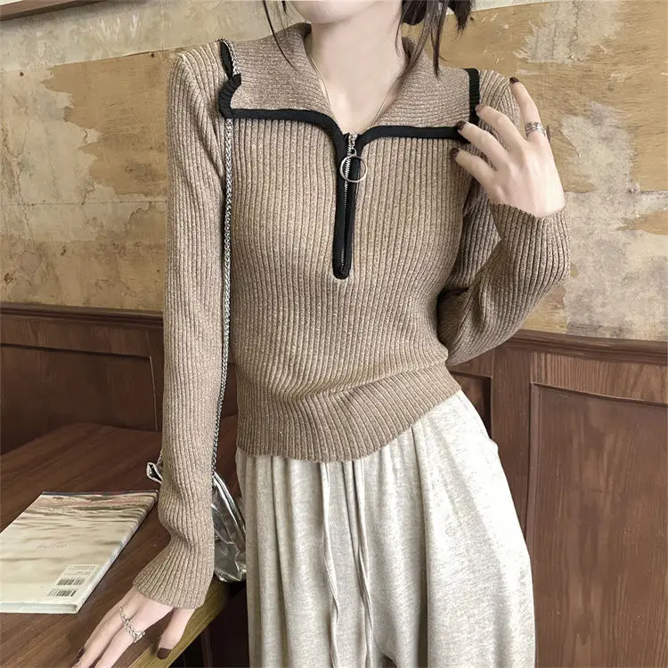 Half Zip Lapel Knit Sweater For Women\'s Spring New Design Sense, Niche Loose And Slimming Bottom Top Women Knitted Shirt Sweater