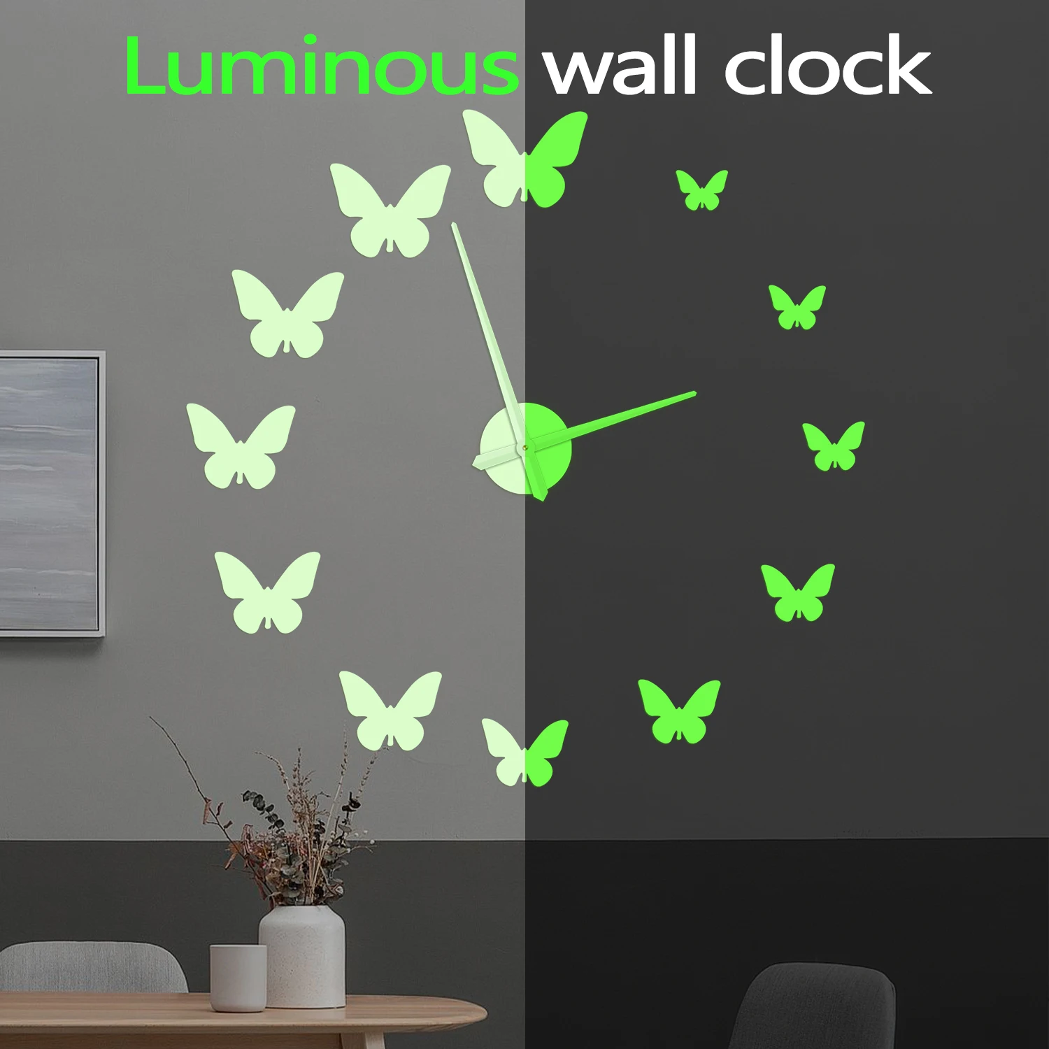 Self‑Adhesive Luminous Wall Clock Glow in Dark DIY Butterfly Shaped Markers Big Wall Clock for Dorm Girls Room Nature Home Decor