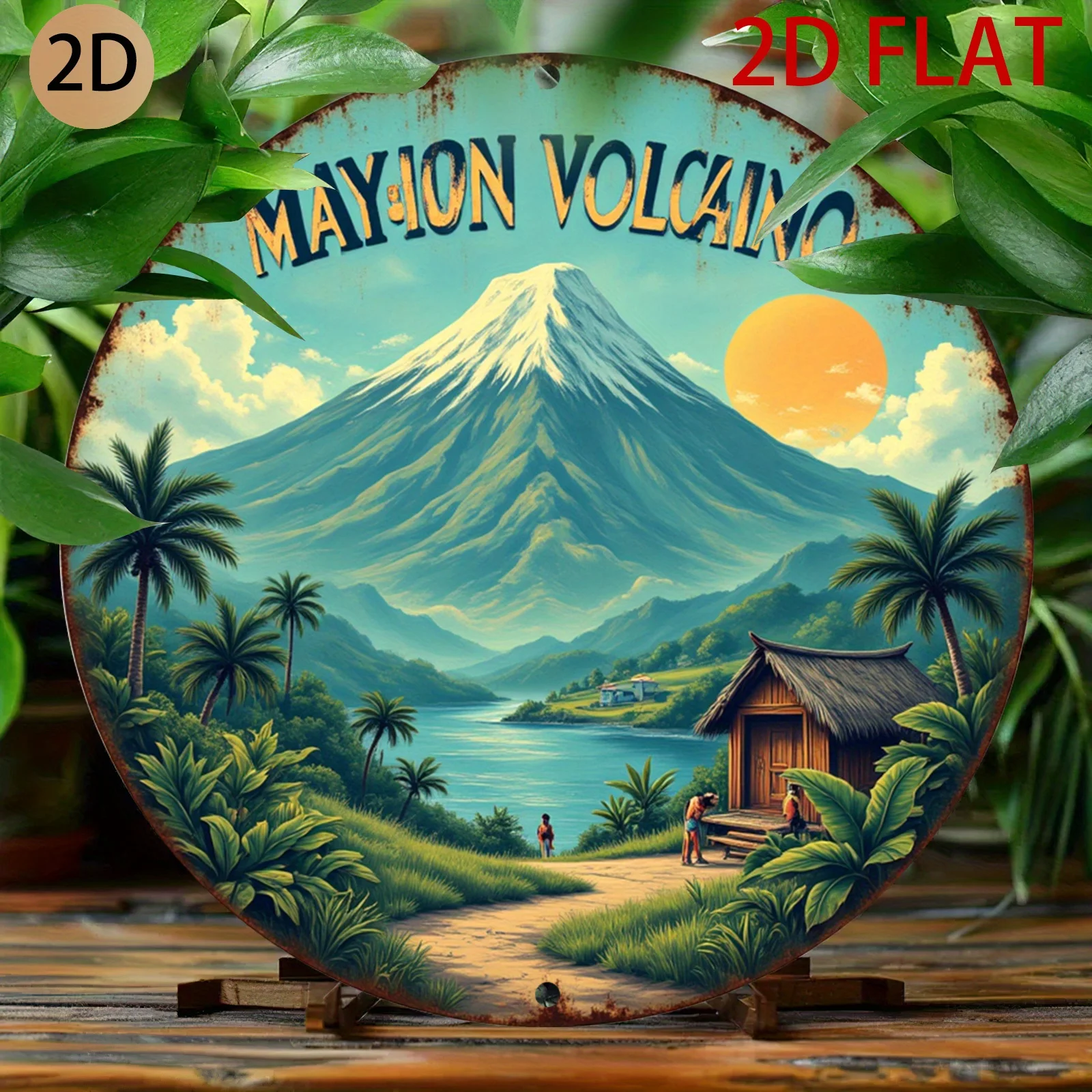 Mayon Volcano Landscape Metal Wall Art - Vintage Retro Volcanic Mountain Sign for Philippines-Themed Rooms, Durable Hanging Deco