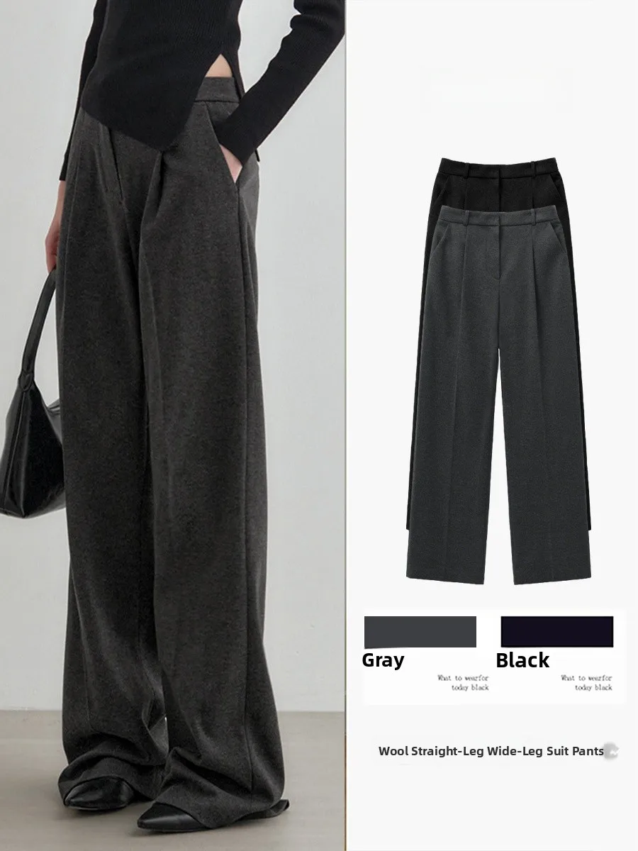 

Шерстяные брюки-палаццо с высокой талией, прямого кроя, для офиса, повседневные, стройнящие, для женщин, осень-зима, новинка