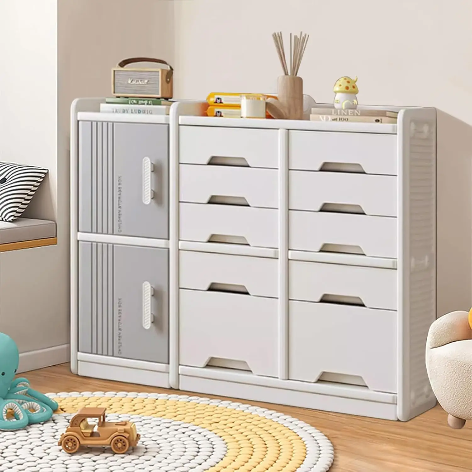 Kinderspeelgoed en opbergruimte met uittrekbare laden, open kast, multifunctionele boekenplank om speelgoed voor speelkamer, slaapkamer te organiseren