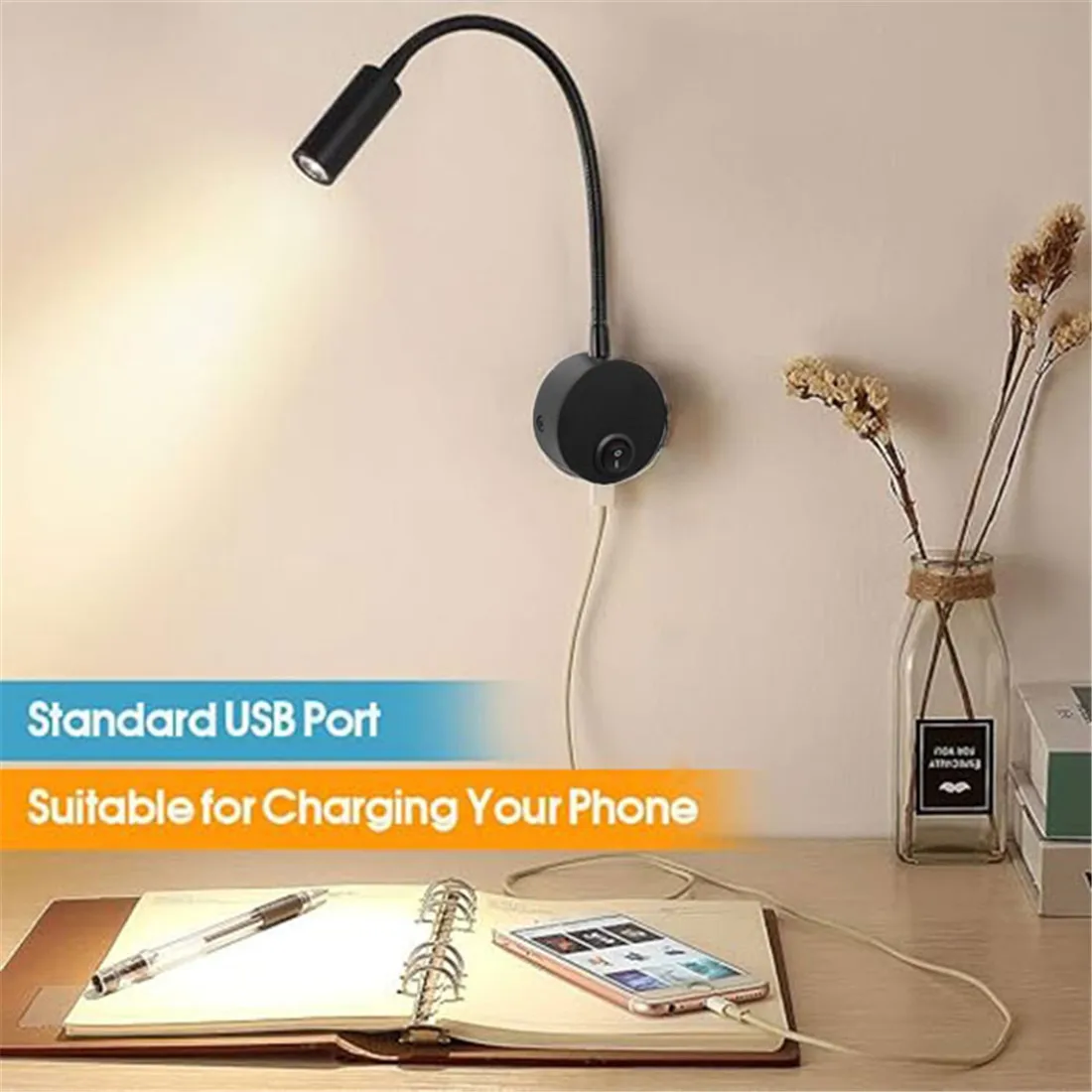 USB Charging Port Black Silver White led Reading Light 3000K 4000K 6000K 3W LED USB Gooseneck Wall Lamp for Hotel Home Bedside