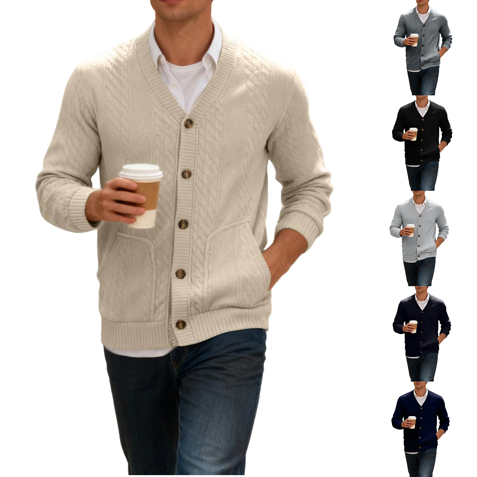 

Men's Autumn Winter Casual Cardigan Male Solid Color Buttoned Knit Cardigan Coat Slim Fit With Multiple Pockets Jacket