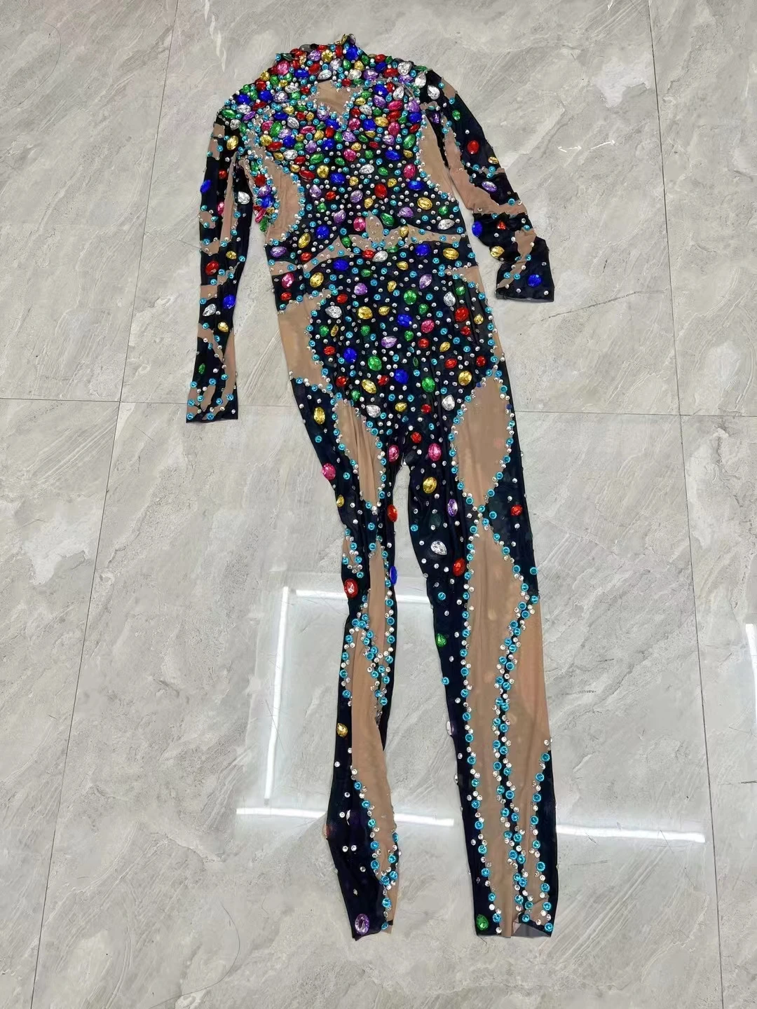 Female Long Jumpsuit Mesh Crystals Rhinestones Colorful Evening party Nightclub Club Fashion Sexy Performance Clothes Stage Wear