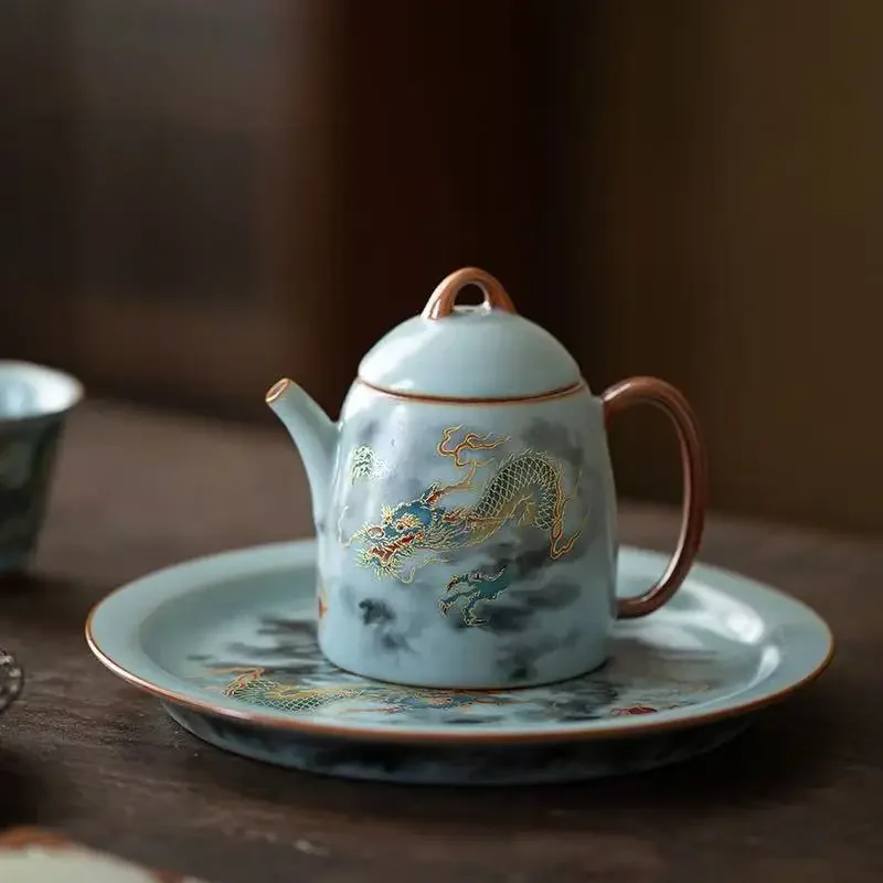 

Tianqing Ru Kiln Household Openable Xianglong Ceramic Teapot Handheld Pot Retro Household Brewing Teapot Gift Box Craft Ornament