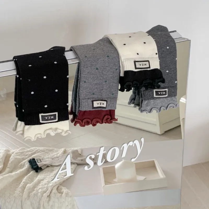 5 Pairs Simple Mid-Calf Cotton Socks Polka Dots Fall Winter Fashion Woman Gift High Socks High Quality Socks with Ruffles 2025