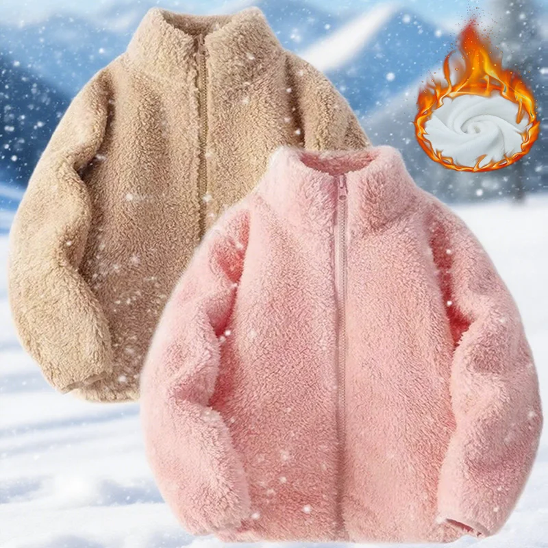 

Boys Girls Padded Jackets New Plush Velvet Fleece Warm Coats Children's Winter Outerwear 2025 Teenager Solid Fashion Clothing