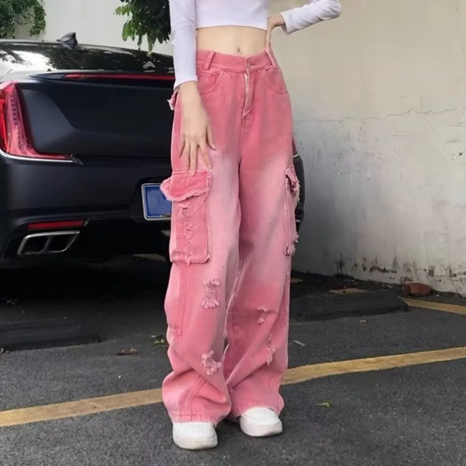 Hot Pink Cute Girls Cargo Pants Jeans Y2k Ripped Hole Streetwear Women Denim Pants Korean Baggy Techwear Retro Wide Leg Trousers