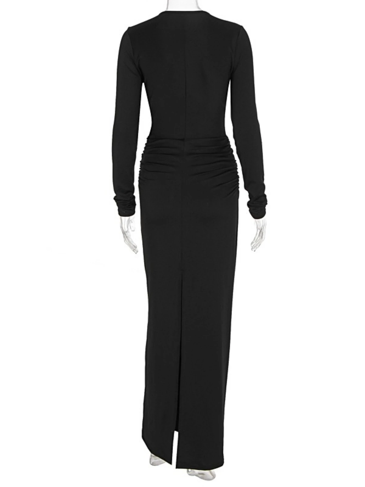 SsTss – robe Maxi découpée pour femmes, élégante, noire, col en V, manches longues, ajourée, taille haute, plissée, coupe cintrée, dos fendu, robe de soirée