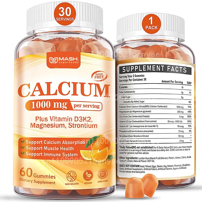 Calcium Citrate Gummies, Containing Vitamins D3 and K2, Magnesium, Support Bone and Muscle Health, Enhance Immunity, Sugar Free
