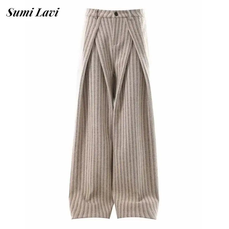 

Мужские повседневные брюки на весну-осень 2026: модные плиссированные прямые шерстяные брюки в полоску с текстурой, свободного кроя, для уличной моды