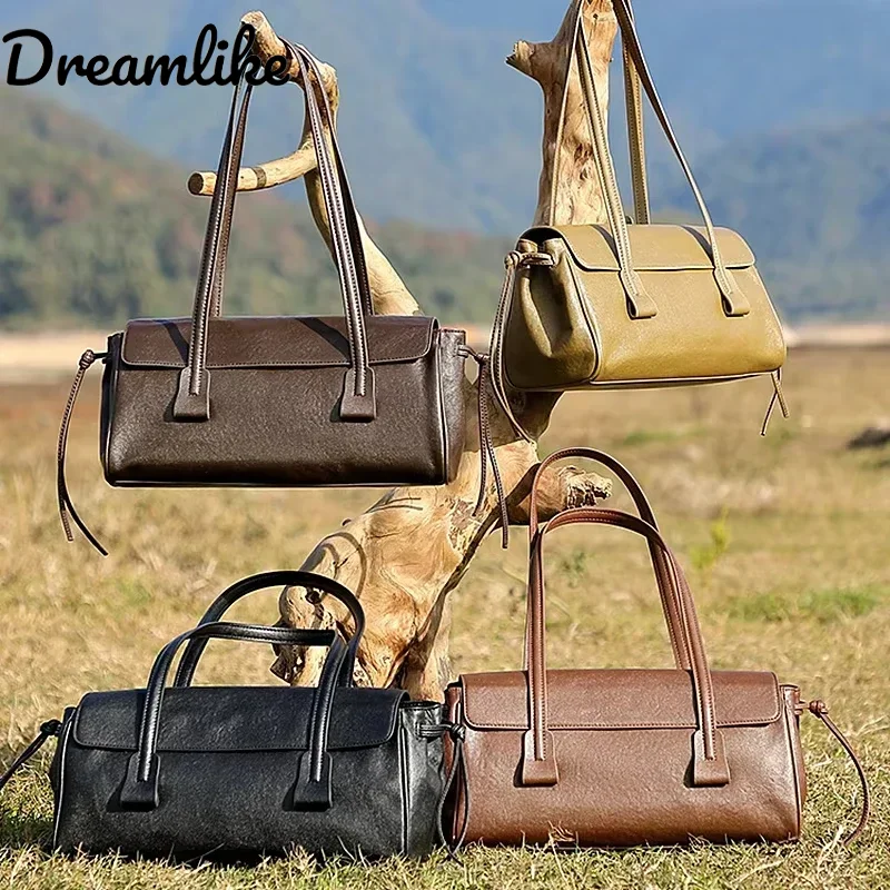 

New Genuine Leather Women's Shoulder Bag Large Capacity Cowhide Luxury Handbag Long Strip Black Baguette Bag Female