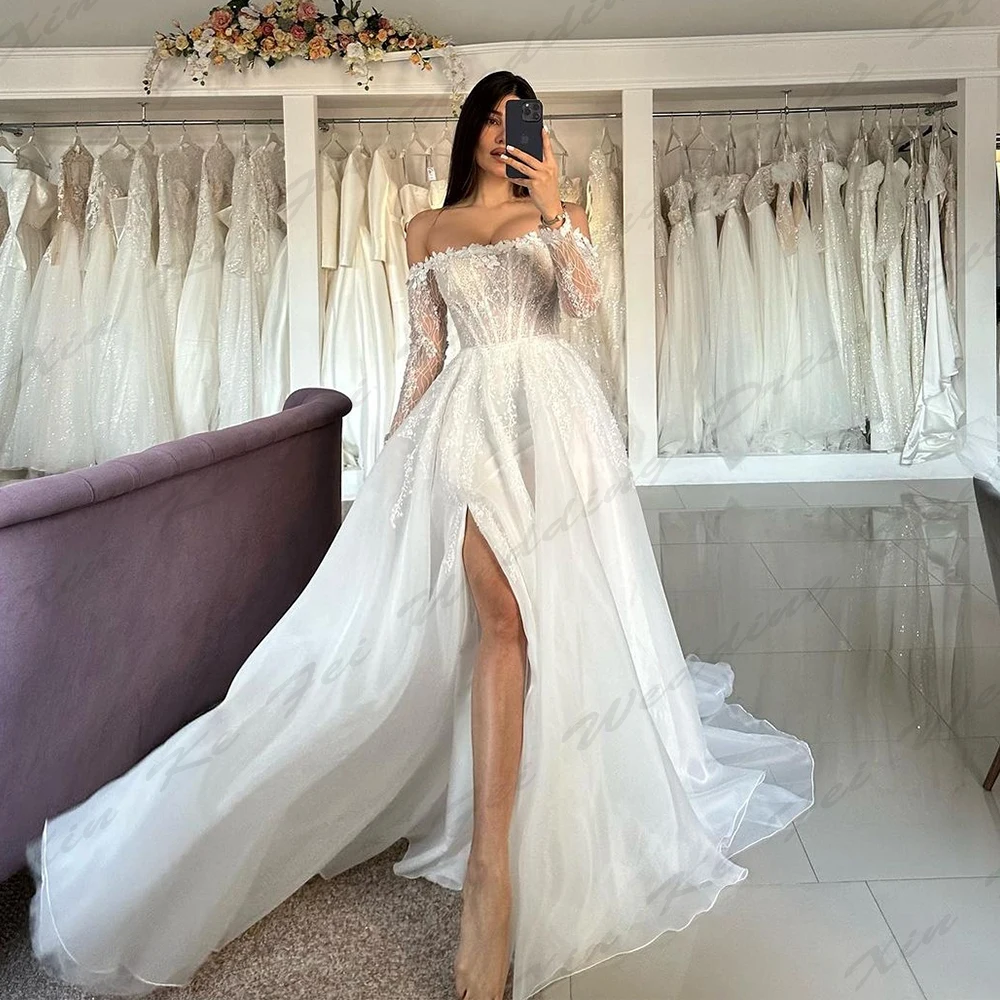 Bohemian Women's Bridal Gowns Sexy One Shoulder Side Split Lace Applique Princess A-Line Wedding Dresses Formal Beach Party Robe