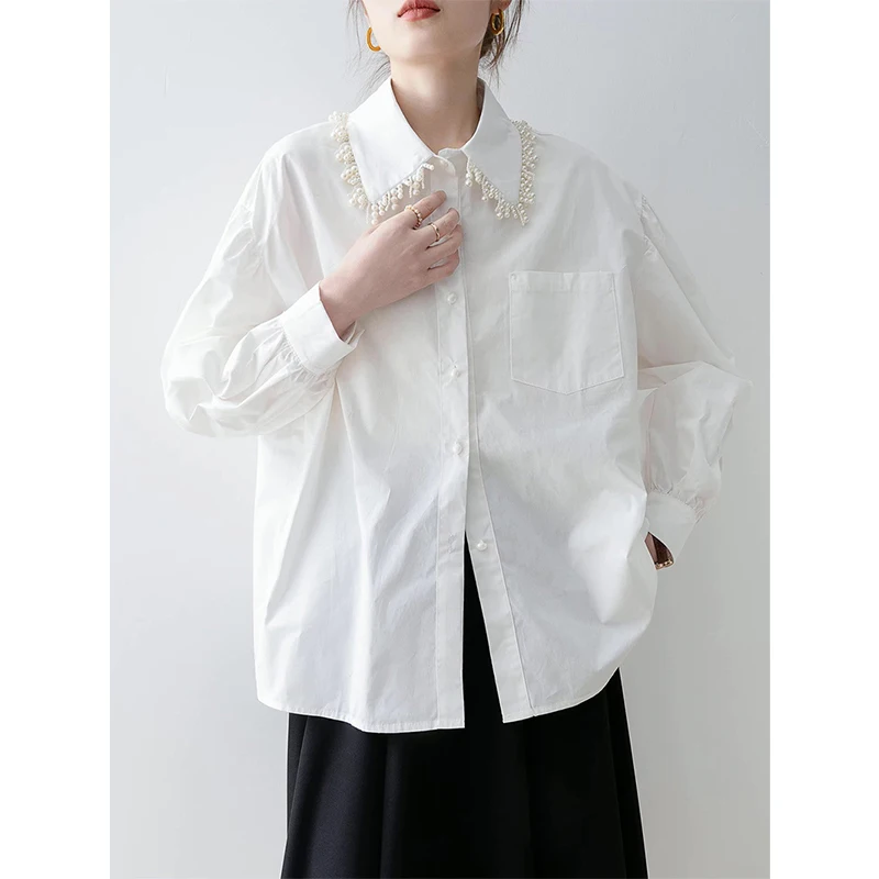 MEXZT Elegant เสื้อสีขาวผู้หญิงแฟชั่นประดับด้วยลูกปัด Patchwork เสื้อสํานักงานสุภาพสตรีเกาหลีแขนยาวออกแบบกระเป๋าเสื้อลําลอง
