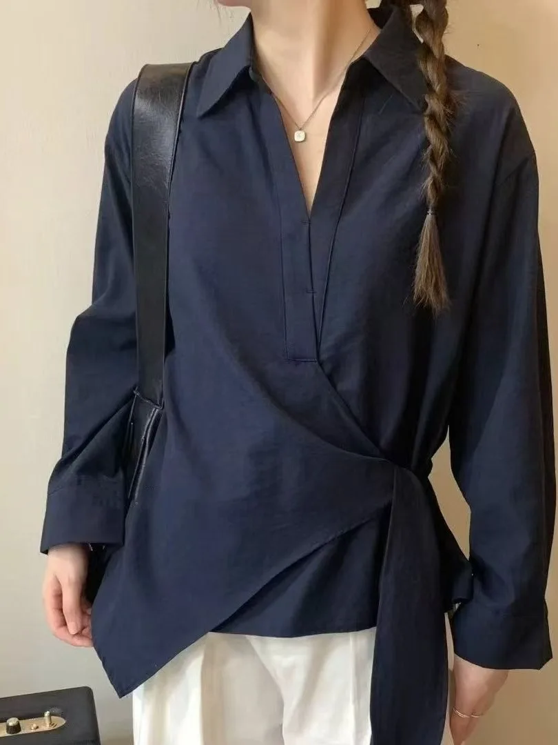 

Faionable Women's Ne Ribbon Waist irt Loose Long Sve Vintage Sle Ele Design Autumn Trendy Top