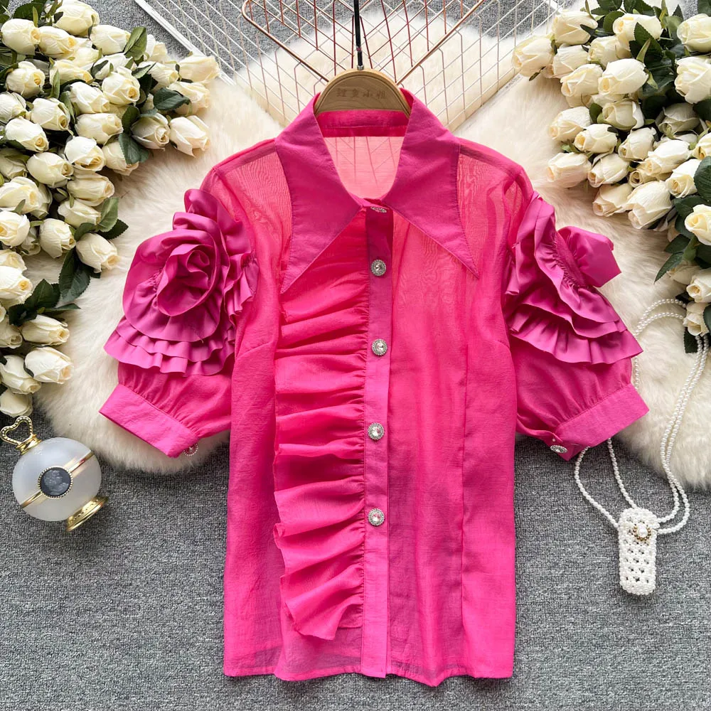 

Blusas Feminino 2022 Summer Women's Single-Breasted Ruffles Shirt Irregular Flowers Puff Short Sleeve OL Blouses Tops French