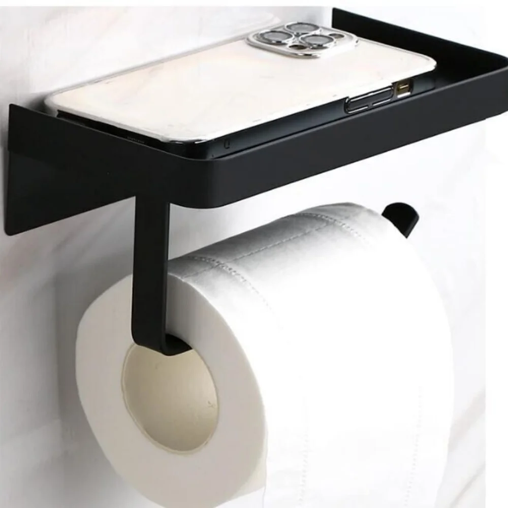 Black 2 in 1 Toilet Roll Holder with Shelf Wall Mounted or Self Adhesive