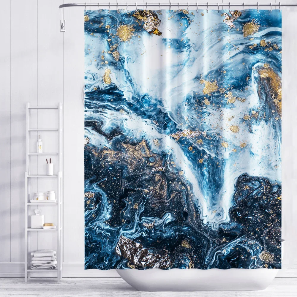 Nordic Gradient Marble Shower Curtain Blue Gold 3d Printing Texture Thickening Waterproof Polyester Bathroom Curtains with Hooks