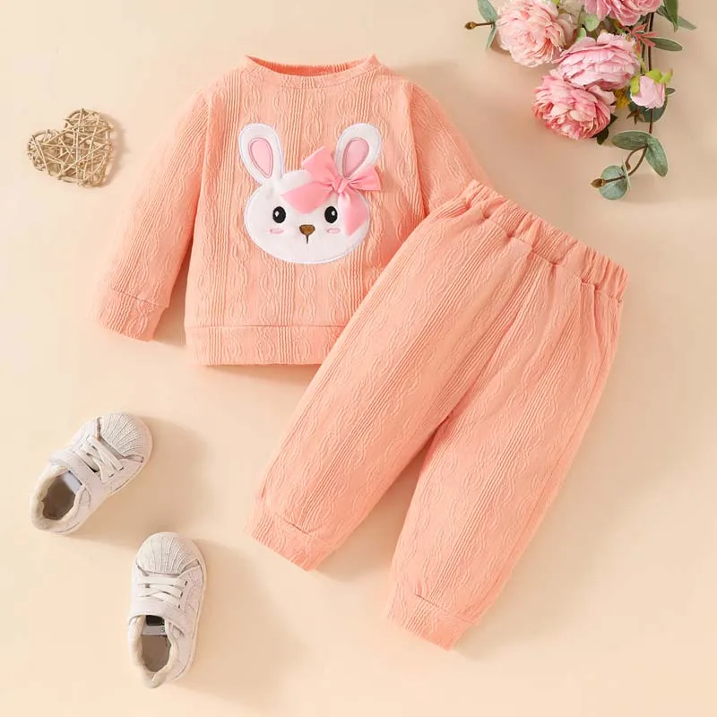 Conjunto de ropa para bebé y niña, Top de manga larga con bordado de conejito bonito, pantalones de color liso, trajes infantiles de 1 a 2 años