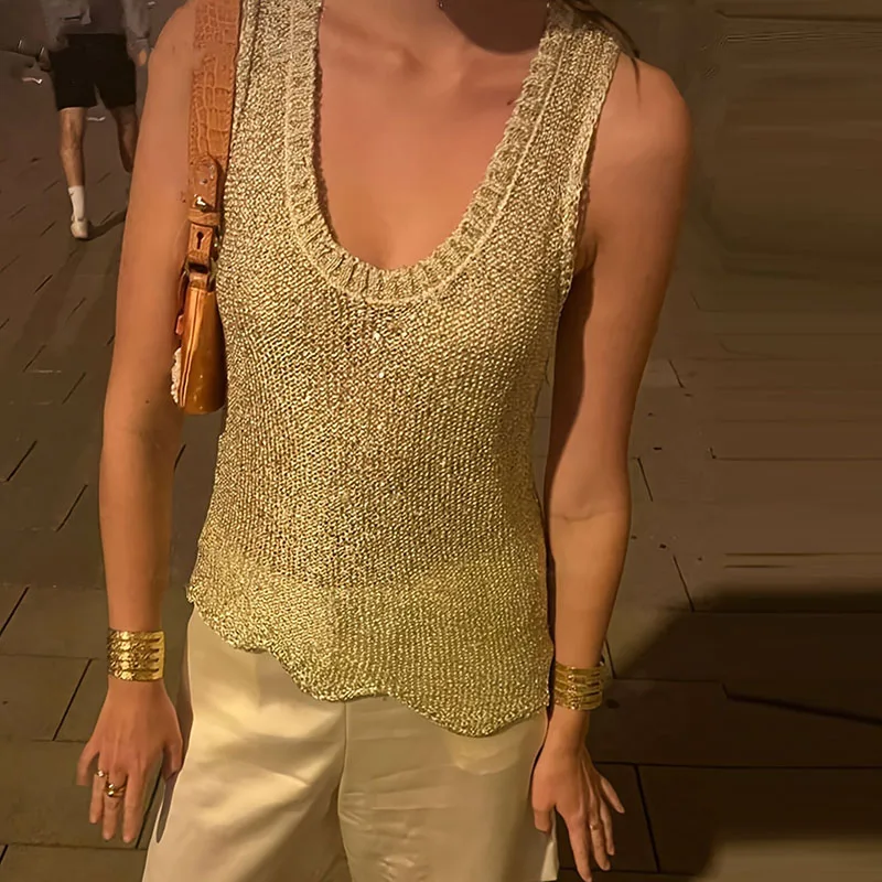 Mulheres sexy u pescoço lantejoulas camisa de festa 2025 primavera sólida ver através oco topo pulôver 2025 verão sem mangas solto tanque camiseta