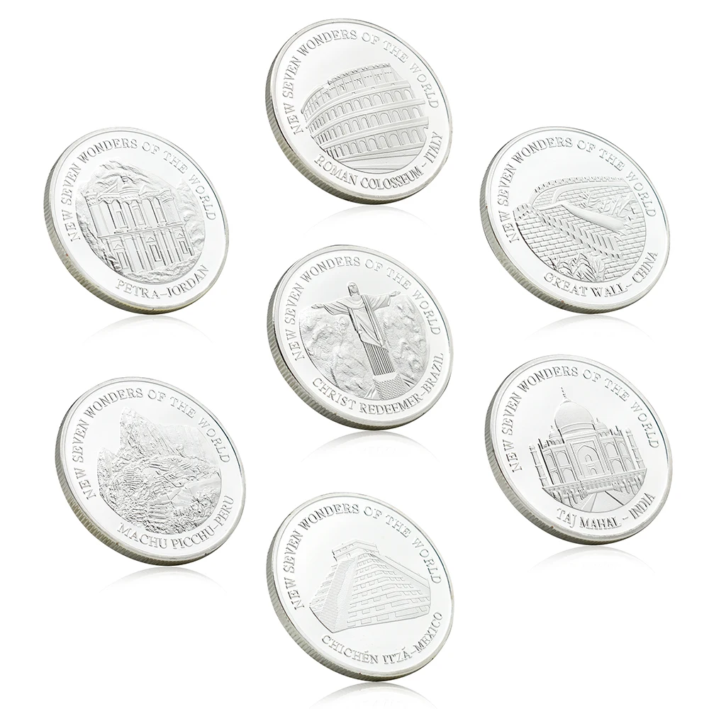 

7pcs/set Seven Wonders of The World Commemorative Coins Silver Plated Challenge Coin Art Craft Collection Gift