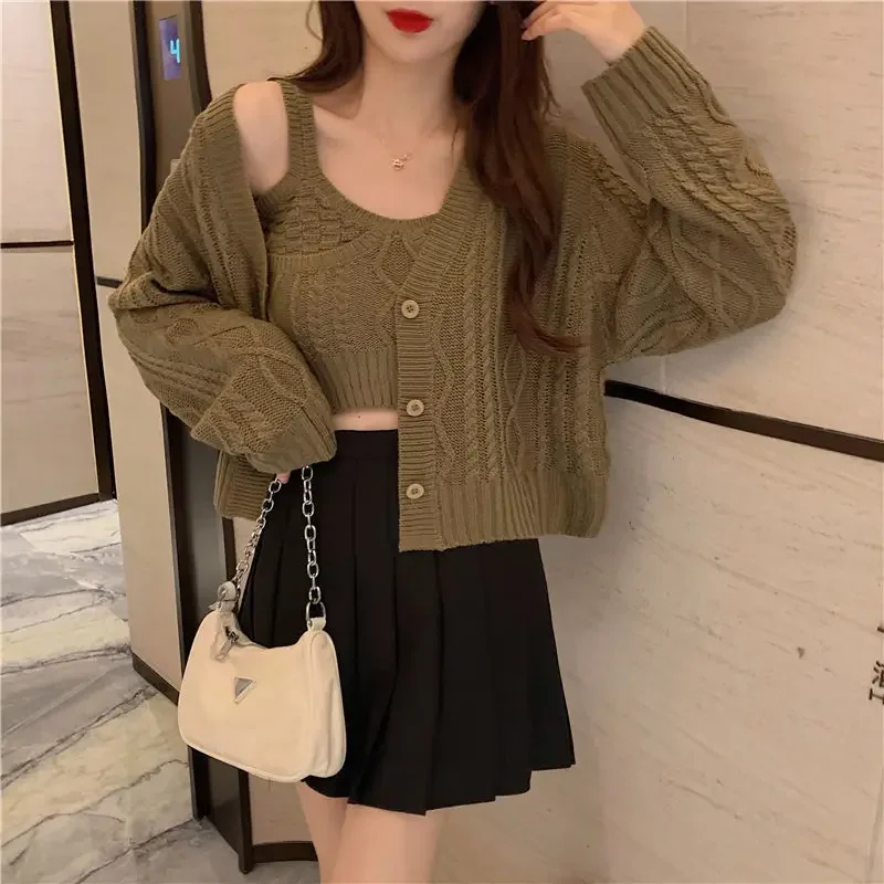 

Cardigan Women V-neck Vintage High Street Single Breasted Short Sweater Korean Style Knit Outwear Versatile Temperament Jumper