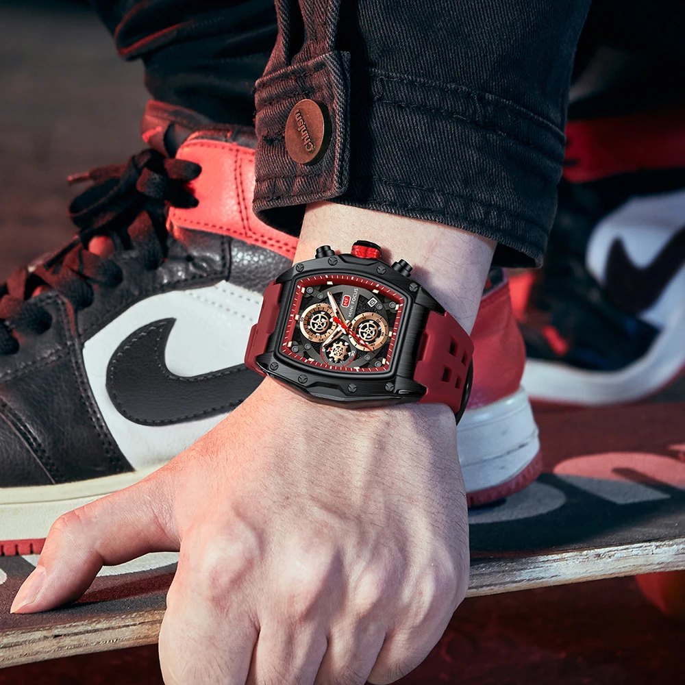 MINI FOCUS Multifunctional Luxury Fashion Quartz Wristwatches for Men Warrior Red Strap Waterproof Chronograph reloj hombre 473G