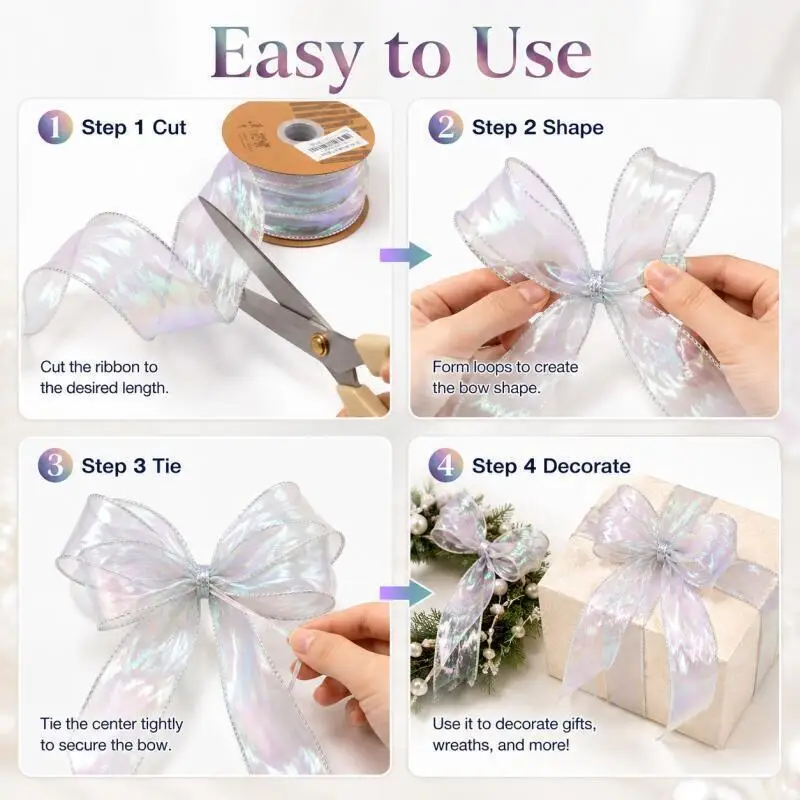 40mm 10 Yards Fischschwanz-Organza-Satinband Reflektierendes Schillerndes Wellenrandband für Geschenkverpackung DIY Schleifen Bastelarbeiten Geschenkverpackung – Detail 4