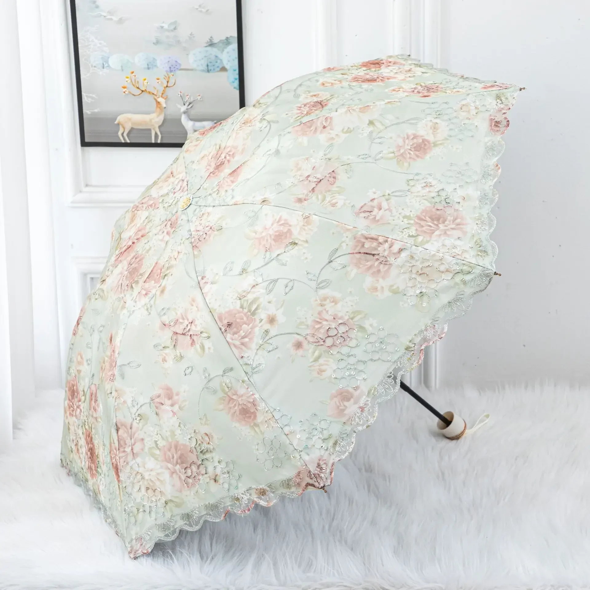 Double-layer Lace Umbrella Creative Embroidered Three-fold Princess Sunshade Umbrella Sun Protection Black Rubber Sun Umbrella