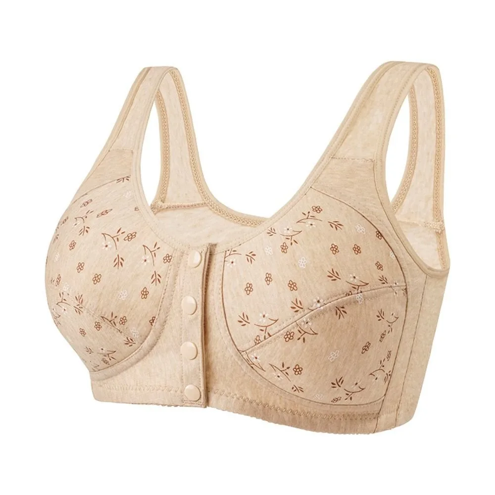 Comfortable Daisy Bras for Older Women Breathable Convenient Front Close Button Cotton Bras Plus Size Floral Printed