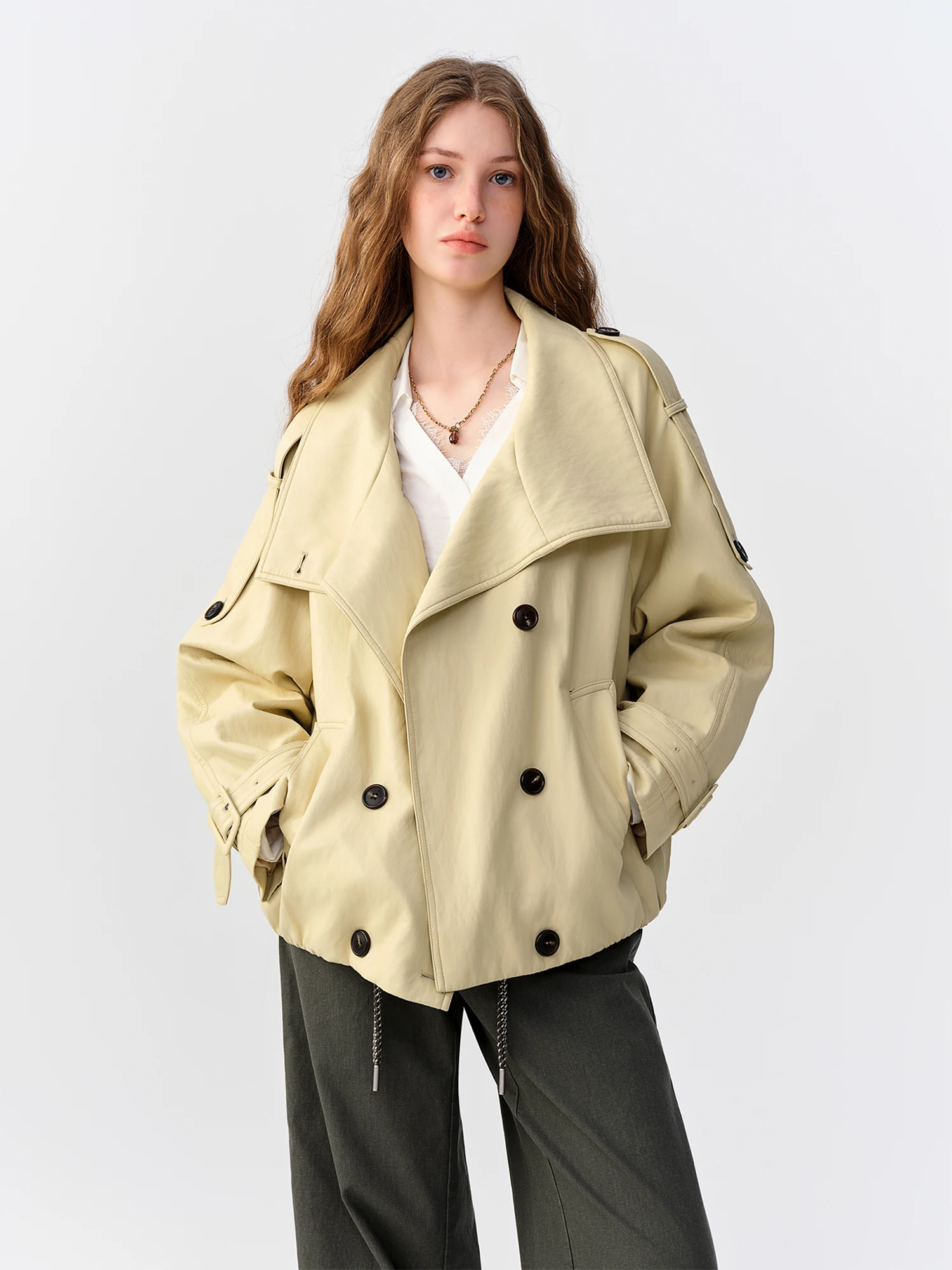 DUSHU Women's 2026 Autumn Double-Breasted Workwear Leather Jacket Large Lapel 2 Colors PU Leather Raglan Sleeve Toggle Buttons