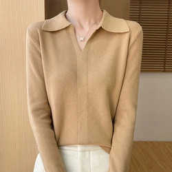 Spring Autumn Winter Women Fine Wool Sweater Polo Collar Solid Color Pullover Female Slim Knitwear Long Sleeve Basis Tops