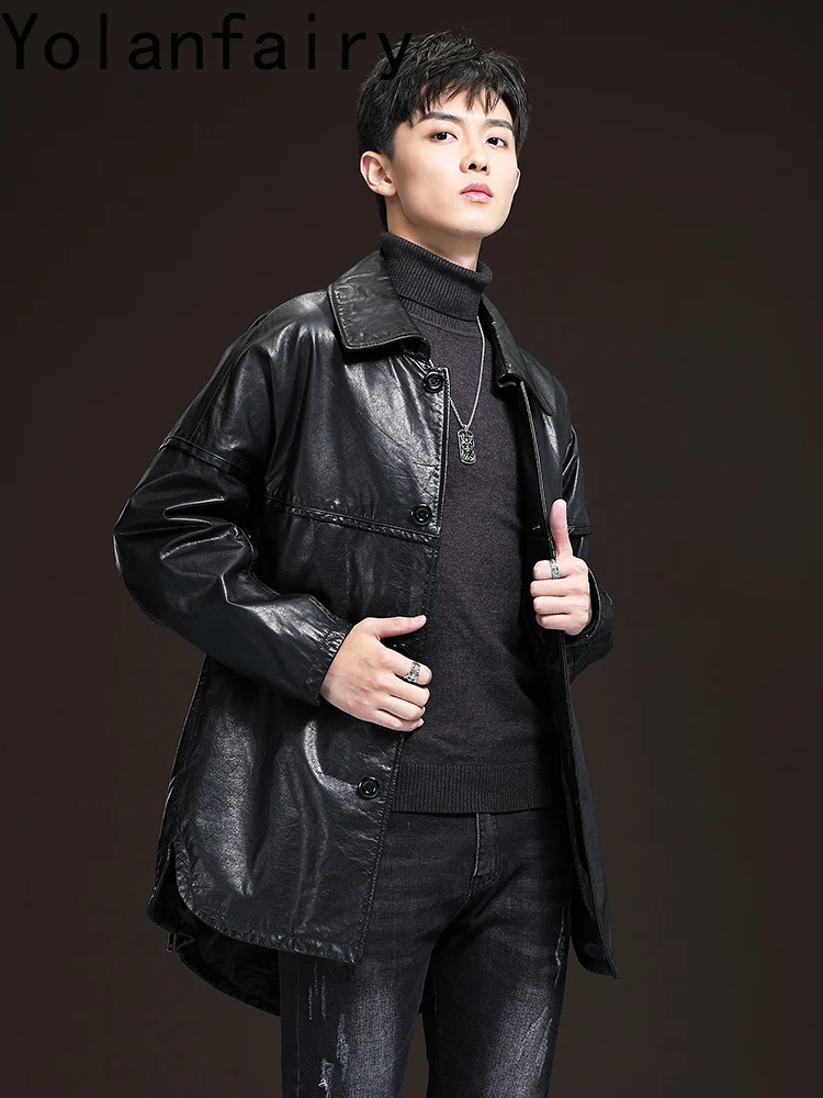 YOLANFAIRY Top Layer Cowhide Men Leather Jacket Mid-length Windbreaker Real Cow Genuine Leather Jackets Man Loose Trench Coat