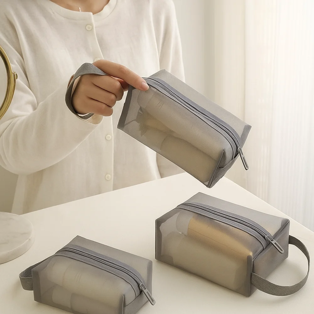 Portable Mesh Makeup Bag Lightweight Square Storage Toiletry Bag Zipper Large Capacity Transparent Cosmetic Bag