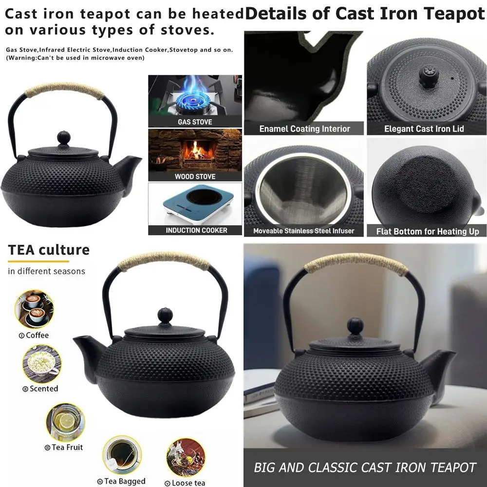 

Японский чайник из чугуна (тэцубин), 1500 мл, с эмалированным внутренним покрытием и ситечком для чая, для использования на плите