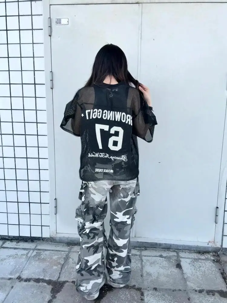 Seeslim Black Graphic T Shirts Short Sleeve Hollow Out 2000s Clothes Y2k Loose Women's T-shirt Summer Tops Goth Tees Gothic Chic