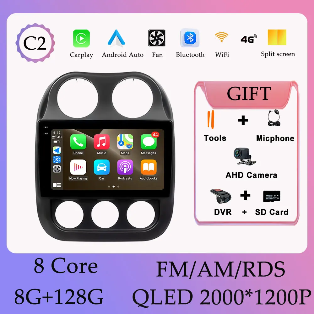 Draadloze Carplay Android 16 Autoradio Video Audi Multimedia Speler voor Jeep Compass Patriot 2009-2015 GPS Navi DSP Stereo WIFI