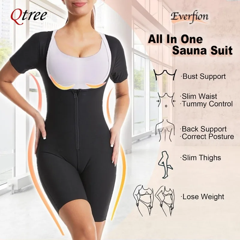 Qtree Sauna Suit for Women Weight Loss Sweat Vest Waist Trainers Belly Fat Workout 3 in 1 Full Body Shaper Zipper Tummy Control