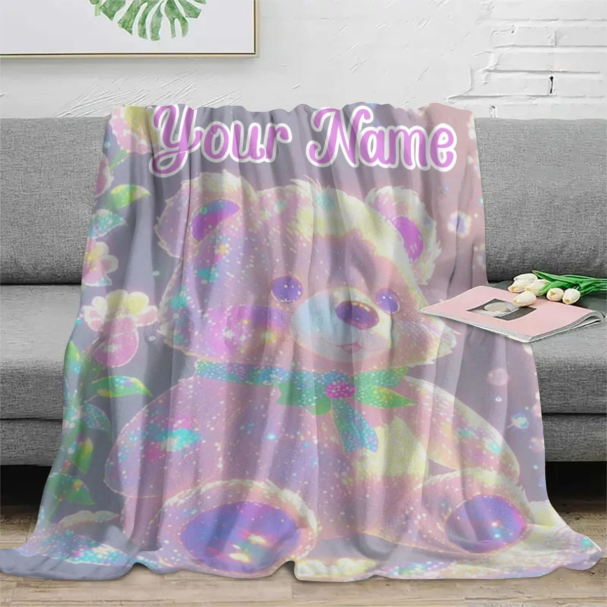 Personalisierte, anpassbare, farbenfrohe Bären-Flanelldecke mit Namen – weich, warm, geeignet für Sofa, Bett, geeignet für alle Jahreszeiten