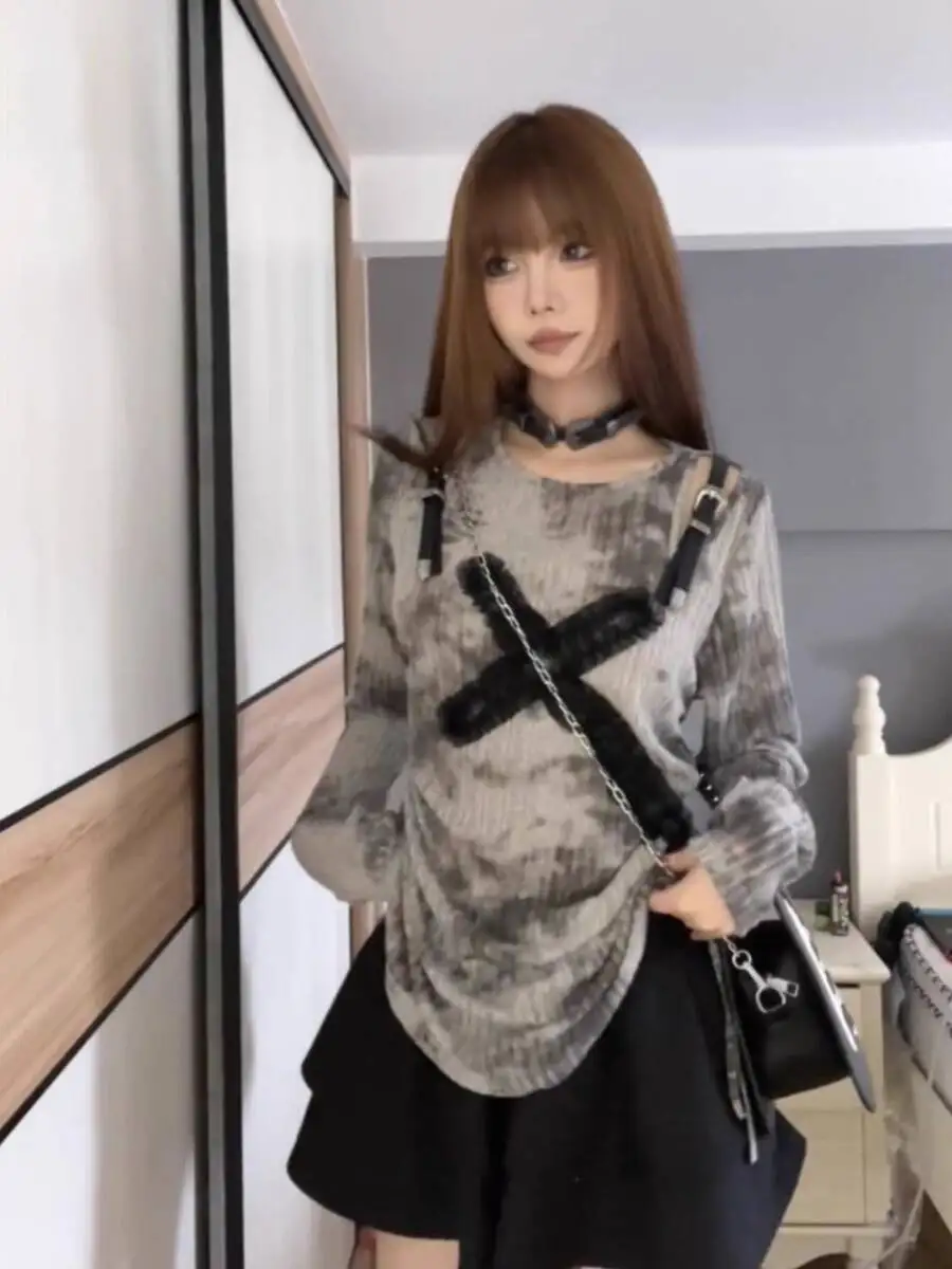 

Plus Size Women's Long Sleeve T-shirt Punk Street Sweet Edgy Tie Dye Drawstring Long-Sleeve T Shirt & High Waisted Tiered Skirt