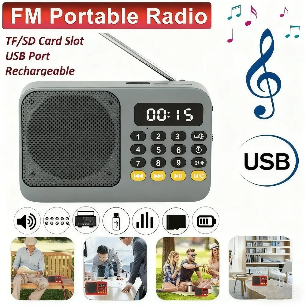 Wireless Speaker Radio FM Receiver Bluetooth 5.0 FM Radio Portable Speaker with LED Light Support Recording TF Card USB Play