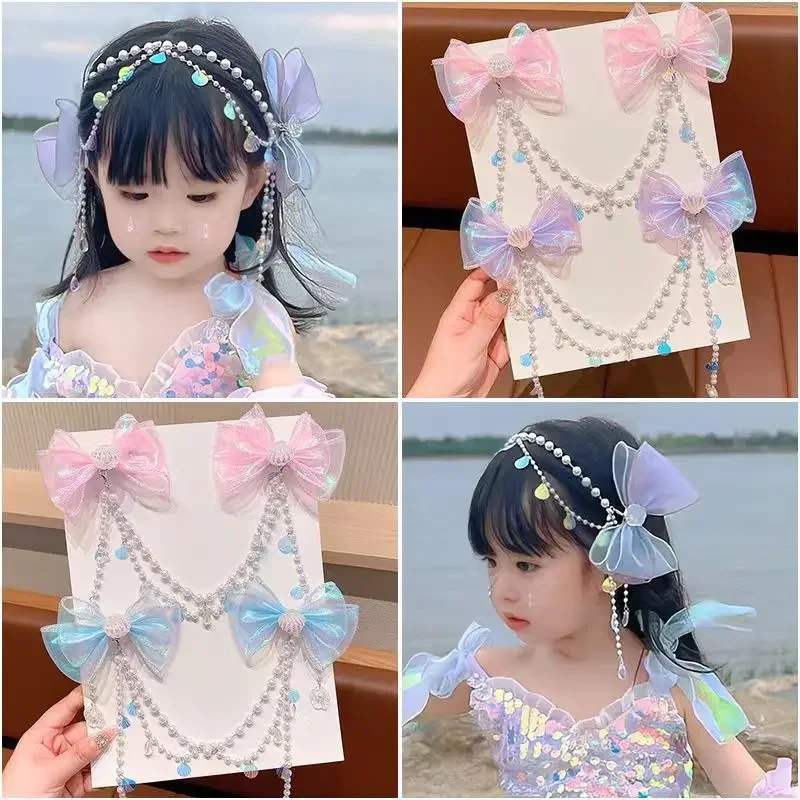 Children's Bow Hair Clip Pearl Fringed Hairpin Women's Mermaid Earring Pendant Hair Accessories Wholesale