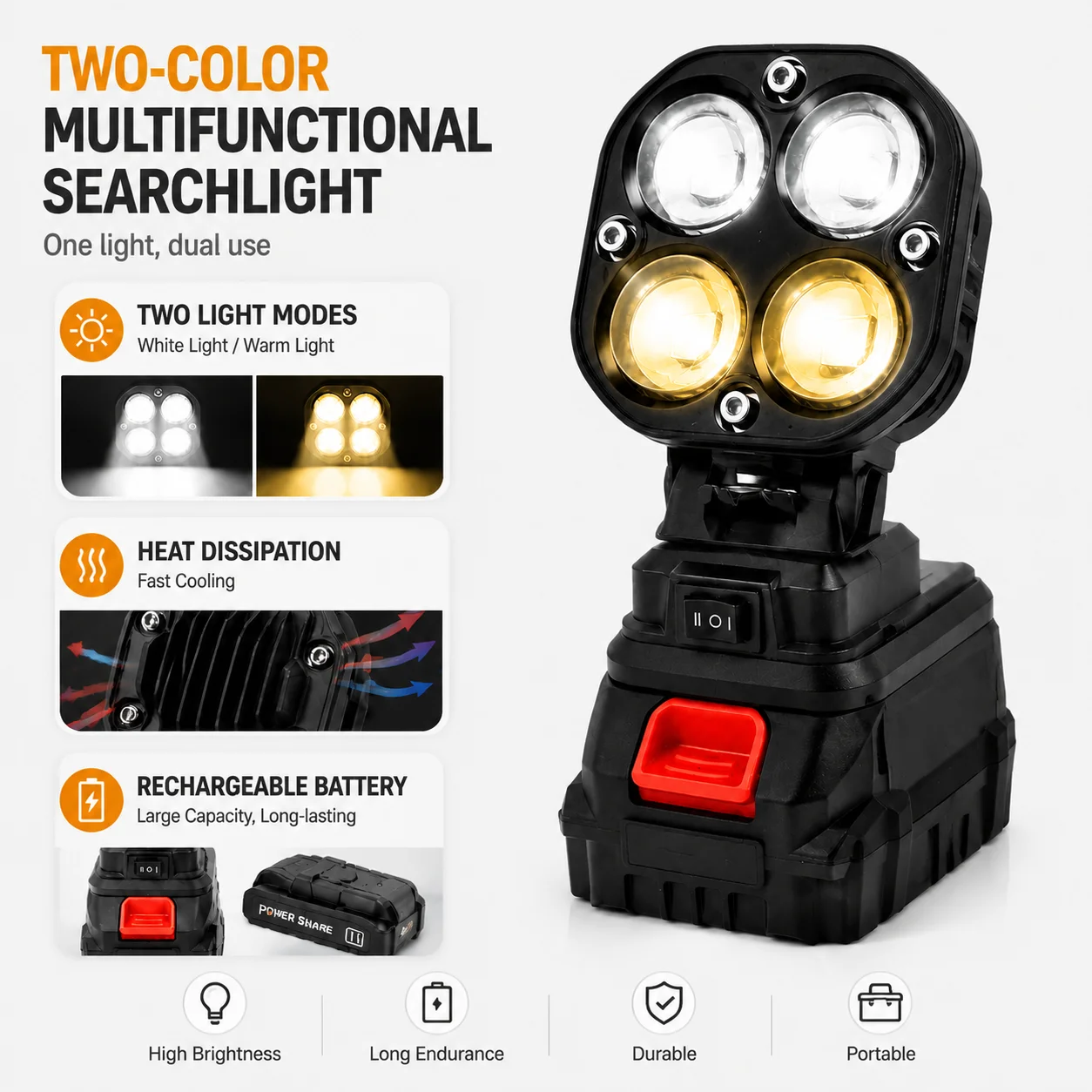Four-leaf clover searchlight, Milwaukee, DeWalt plugged, suitable for outdoor construction sites, fishing, and pathfinding.