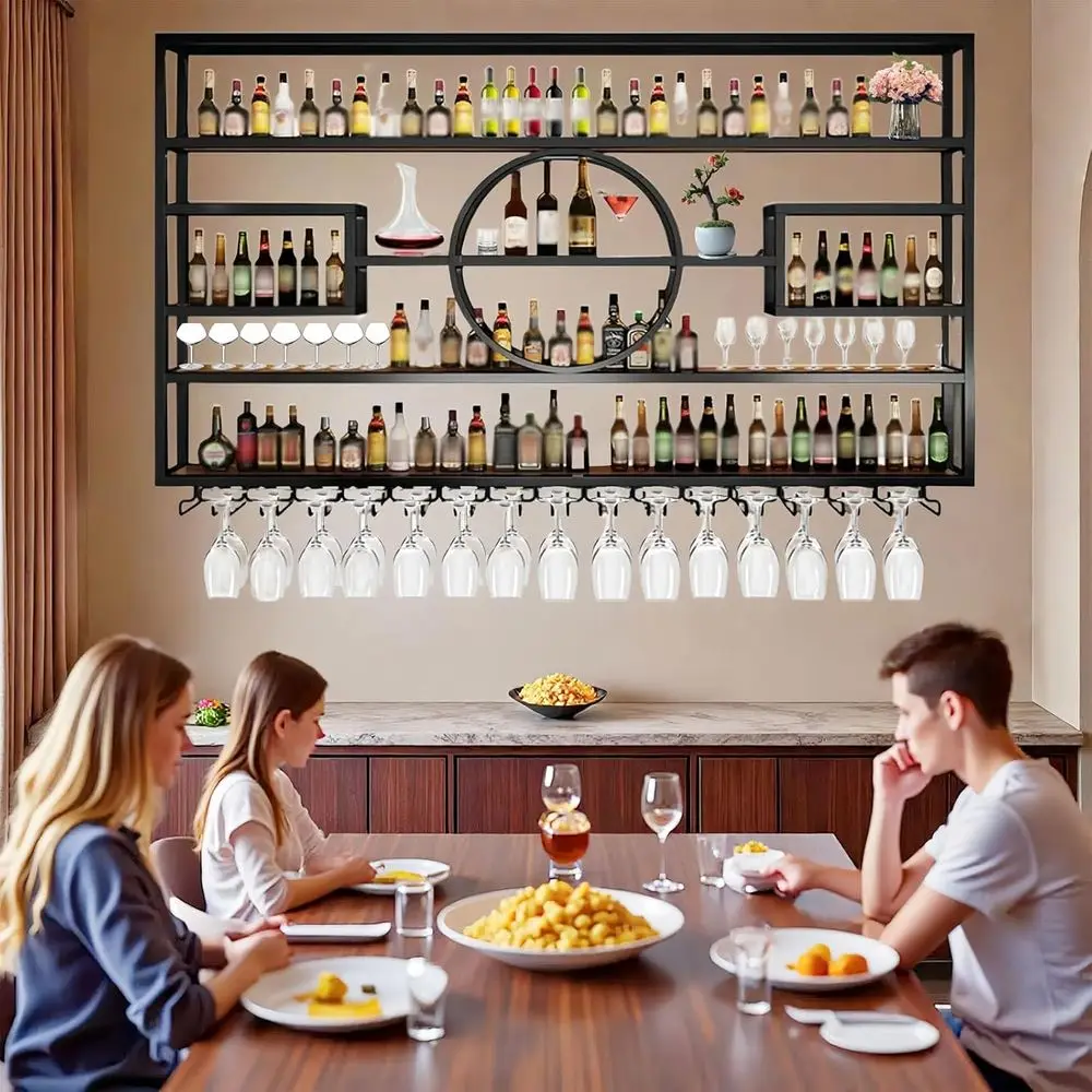 

Современная черная металлическая полка для вина с многофункциональной бутылкой для спиртного и стеклянным держателем, высотой 57, для домашнего бара и столовой