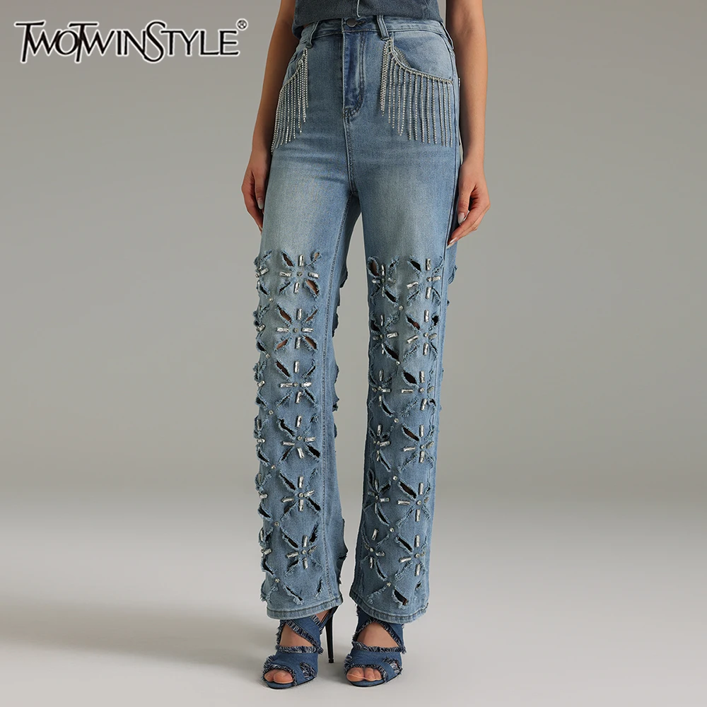 

TWOTWINSTYLE однотонные утягивающие джинсы с кисточками для женщин, лоскутные модные брюки с высокой талией, стиль женской одежды