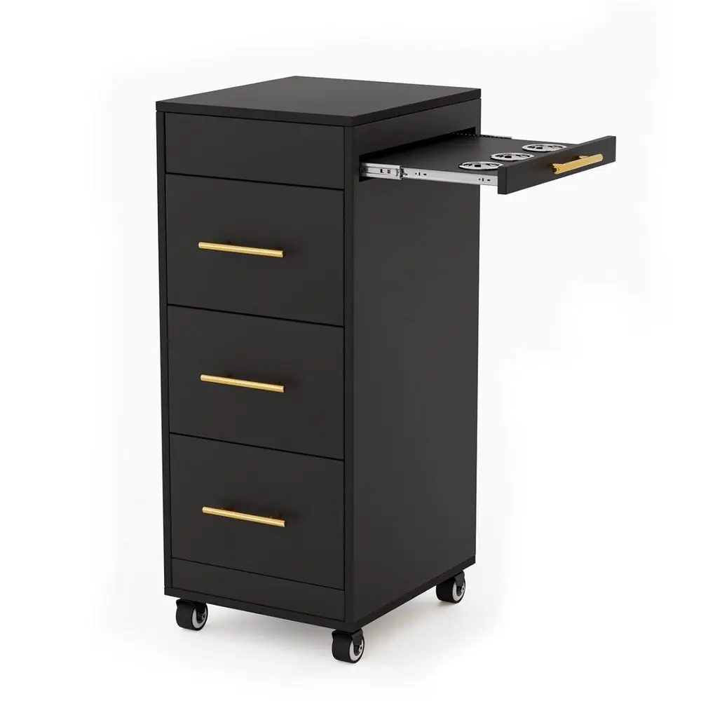 

Деревянная мобильная тележка для парикмахерских инструментов с отсеками для хранения и держателями для горячих инструментов, черная