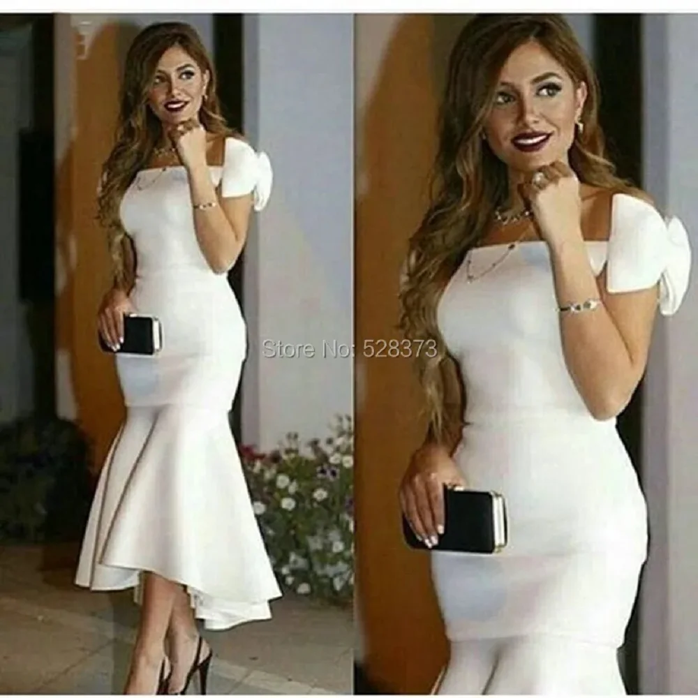 YNQNFS Robe Cocktail Elegant Bow Straps Off Shoulder Boat Neckline Mother of Bride Short Dresses Outfits White Party Dress CD45
