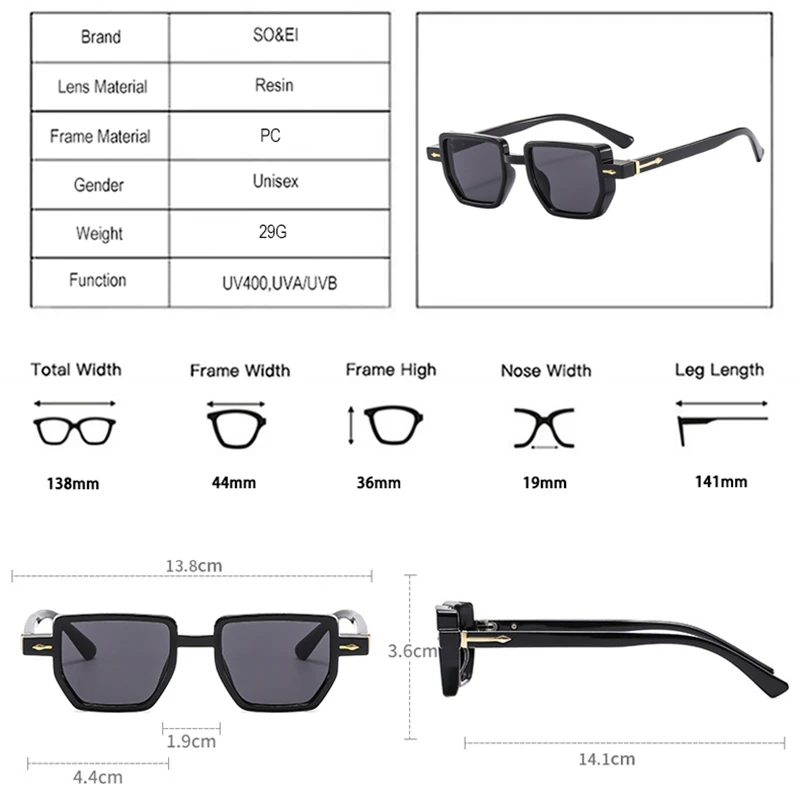 SO&EI New Fashion Small Square Sunglasses for Women UV400 Vintage Punk Rivets Female Polygon Eyewear Men Gradient Sun Glasses