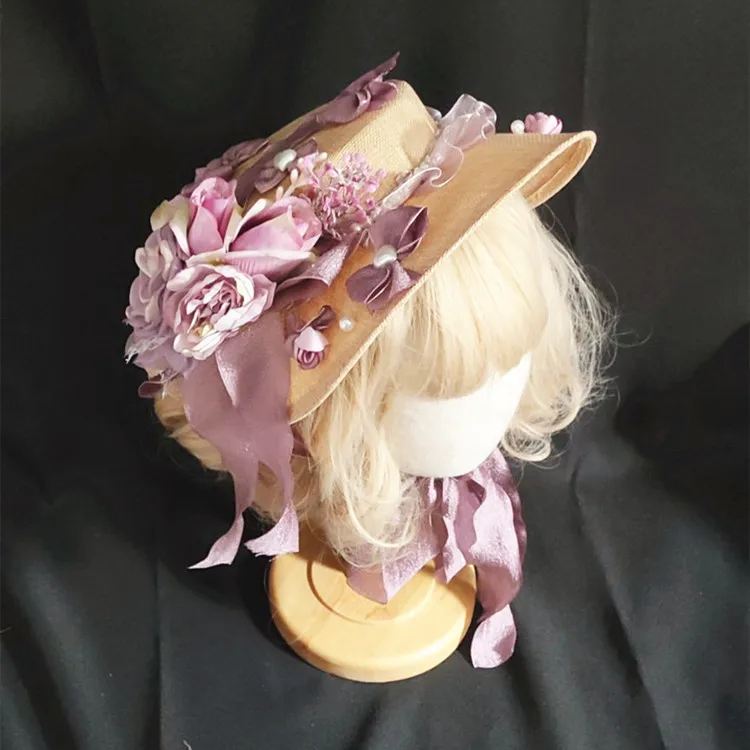 New Flat Top Retro Women Lolita Bonnet Sun Hat Flower Lace Wide Brim Headdress Afternoon Tea Party Accessory