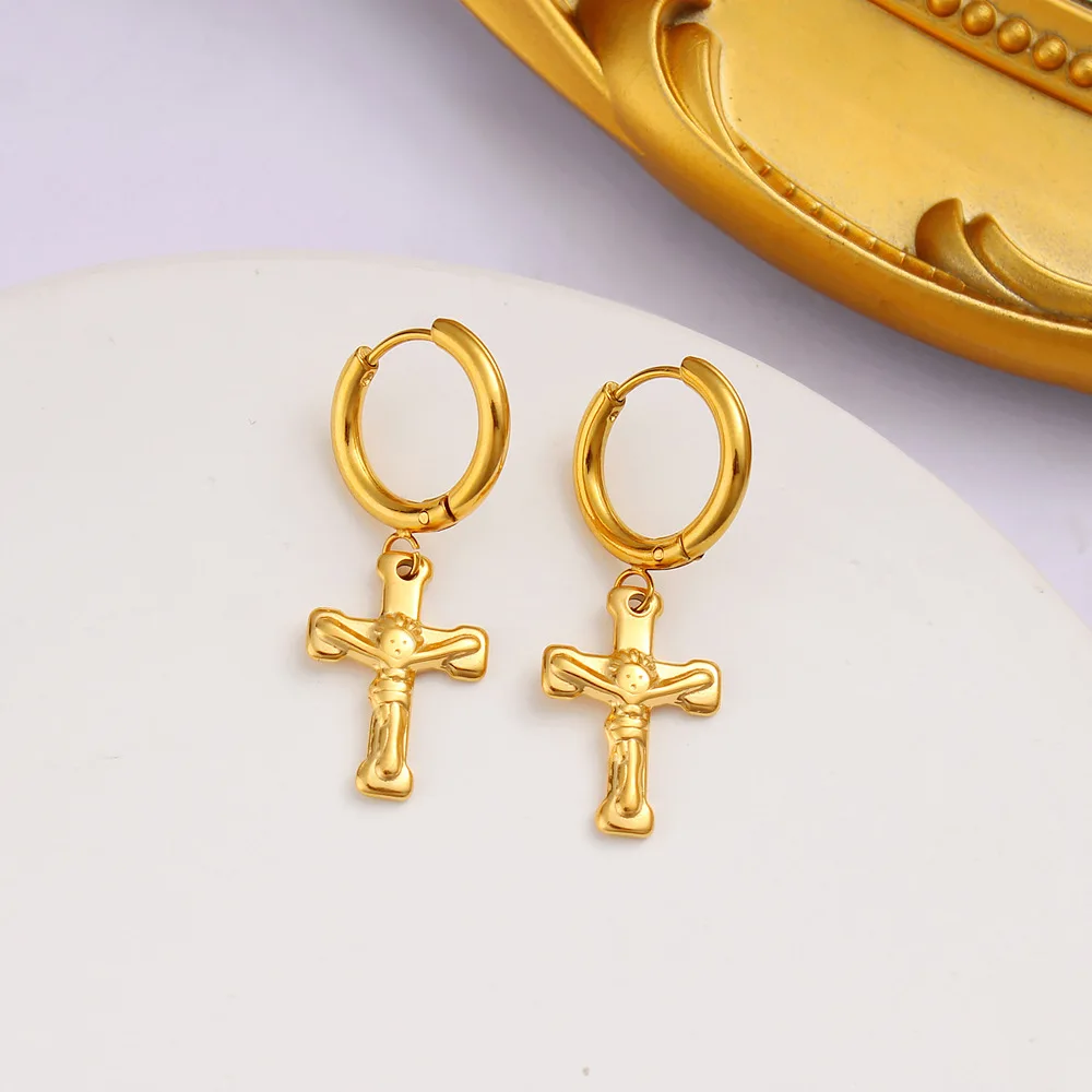 

DIY accessories European and American titanium steel cross pendant, ear buckle, long trendy fashion earrings, temperament 18K go